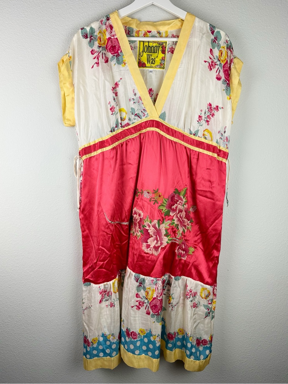 JOHNNY WAS Floral Silk Embroidered V-Neck Dress
